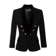 Zwarte dubbelrijige jas met logoprint Elisabetta Franchi , Black , Dam...