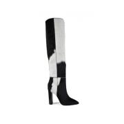 Zwarte en Witte Foal Stoffen Laarzen met 10,5 cm Hak Saint Laurent , B...