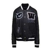 Zwarte Leren Varsity Jas Off White , Black , Dames