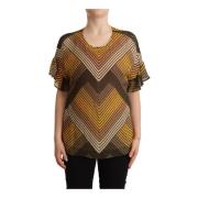 Multicolor Gestreepte Korte Mouwen Ronde Hals Top Blouse Twinset , Yel...