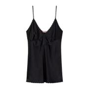 Zwarte bloemen geborduurde V-hals top Twinset , Black , Dames