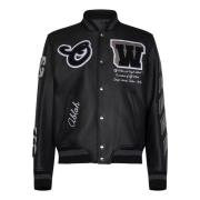 Zwarte leren varsity jas met patches Off White , Black , Heren