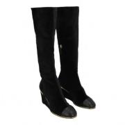 Chanel Zwarte Velvet Overknee-laarzen Chanel Vintage , Black , Dames