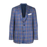 Geruite Single Breasted Blazer Kiton , Blue , Heren