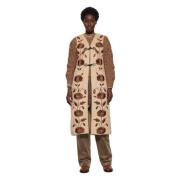 Mouwloos Geborduurd Lang Gilet Antik Batik , Beige , Dames