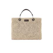 Grote stro en imitatieleer tote tas Emporio Armani , Beige , Dames