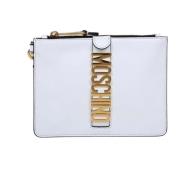 Leren Clutch met Lettering Logo Moschino , White , Dames