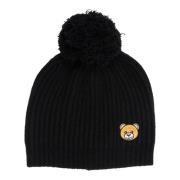 Effen Teddybeer Beanie met Logo en Pompoms Moschino , Black , Dames