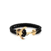 Men's Black Leather Bracelet with Gold Anchor Nialaya , Black , Heren