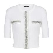 Embroidered cropped knit cardigan Balmain , White , Dames