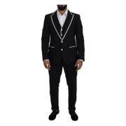 Zwart Wol Wit Zijde Slim Fit Pak Dolce & Gabbana , Black , Heren