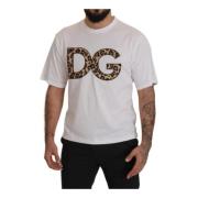 Korte Mouw T-Shirt met Leopard Logo Dolce & Gabbana , White , Heren