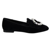 Zwarte Velvet Kristal Loafers Flats Schoenen Dolce & Gabbana , Black ,...