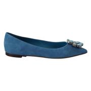 Blauwe Suède Kristallen Loafers Platte Schoenen Dolce & Gabbana , Blue...