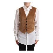 Luxe Bruine Corduroy Luipaard V-hals Mouwloze Vest Top Dolce & Gabbana...