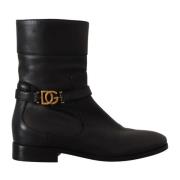 Zwarte Leren Logo Enkellaarzen Dolce & Gabbana , Black , Dames