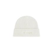 Geribbelde Lamswollen Logo Beanie C.p. Company , White , Heren