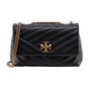 Matelassé Leren Schoudertas met Frontaal Logo Tory Burch , Black , Dam...