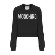 Zwarte Katoenen Sweatshirt met Strass Logo Moschino , Black , Dames
