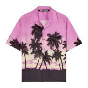 Korte Mouw Zijden Bowling Shirt - Roze Sunset Grafische Print Palm Ang...