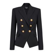 Dubbelrijige jas van graanpoeder Balmain , Black , Dames