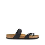 Zwarte Leren Flip Flops met Dubbele Band Birkenstock , Black , Dames