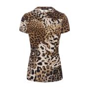 Leopard Print Stretch Katoenen T-shirt Roberto Cavalli , Brown , Dames
