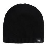 Effen Logo Beanie Emporio Armani , Black , Heren