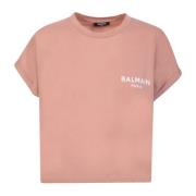Logo Crop T-Shirt in Powder Pink/White Balmain , Pink , Dames