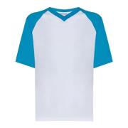 Witte Geribbelde V-hals T-shirt met Blauwe Mouwen Victoria Beckham , W...
