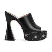 Zwarte Leren Plateausandalen met Studs Gucci , Black , Dames