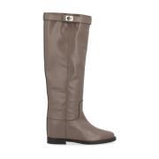 Taupe Leren Hoge Laarzen met Zilveren Slot Via Roma 15 , Beige , Dames