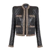 Gewatteerde leren jas met kettingen Balmain , Black , Dames