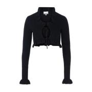 Zwarte Wol Crop Sweater met Ruffle Details Ganni , Black , Dames