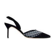 Zwarte suède en geruite mesh slingback muiltjes Manolo Blahnik , Black...