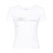 Witte T-shirt met Rhinestone Logo Blumarine , White , Dames