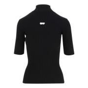 Zwarte Pullover van Stretch Wol met Hoge Hals en Logo Detail Off White...