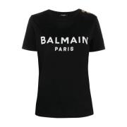 Logo-print T-shirt met Ingedrukte Knopen Balmain , Black , Dames