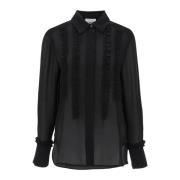 Gerimpelde chiffon blouse met klassieke kraag Ganni , Black , Dames