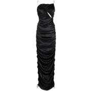 Zwarte gedrapeerde satijnen jurk met open rug Del Core , Black , Dames