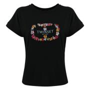 Zwarte Twin-set T-shirt met geborduurd bloemmotief Twinset , Black , D...