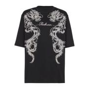 Geborduurd draken T-shirt met strass-steentjes Balmain , Black , Heren