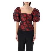 Botanische Jacquard Ballonmouw Top Ganni , Red , Dames