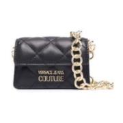 Zwarte Mini Tas met Ketting Schouderband en Logo Versace Jeans Couture...