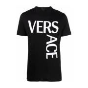 Zwart Katoenen T-Shirt met Logo Print Versace , Black , Heren