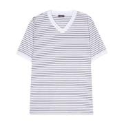 Italiaans Gestreept V-Hals T-Shirt Peserico , White , Heren
