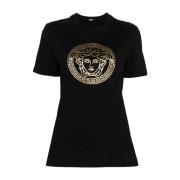 Zwarte Folie Gedrukte Medusa T-shirts en Polos Versace , Black , Dames