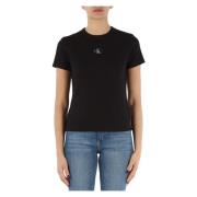 Stretch Katoenen Geribbelde T-shirt Calvin Klein Jeans , Black , Dames