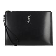 Zwarte Leren Tablet Houder Saint Laurent , Black , Heren