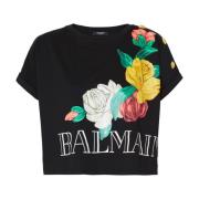 Vintage T-shirt met rozenprint Balmain , Black , Dames